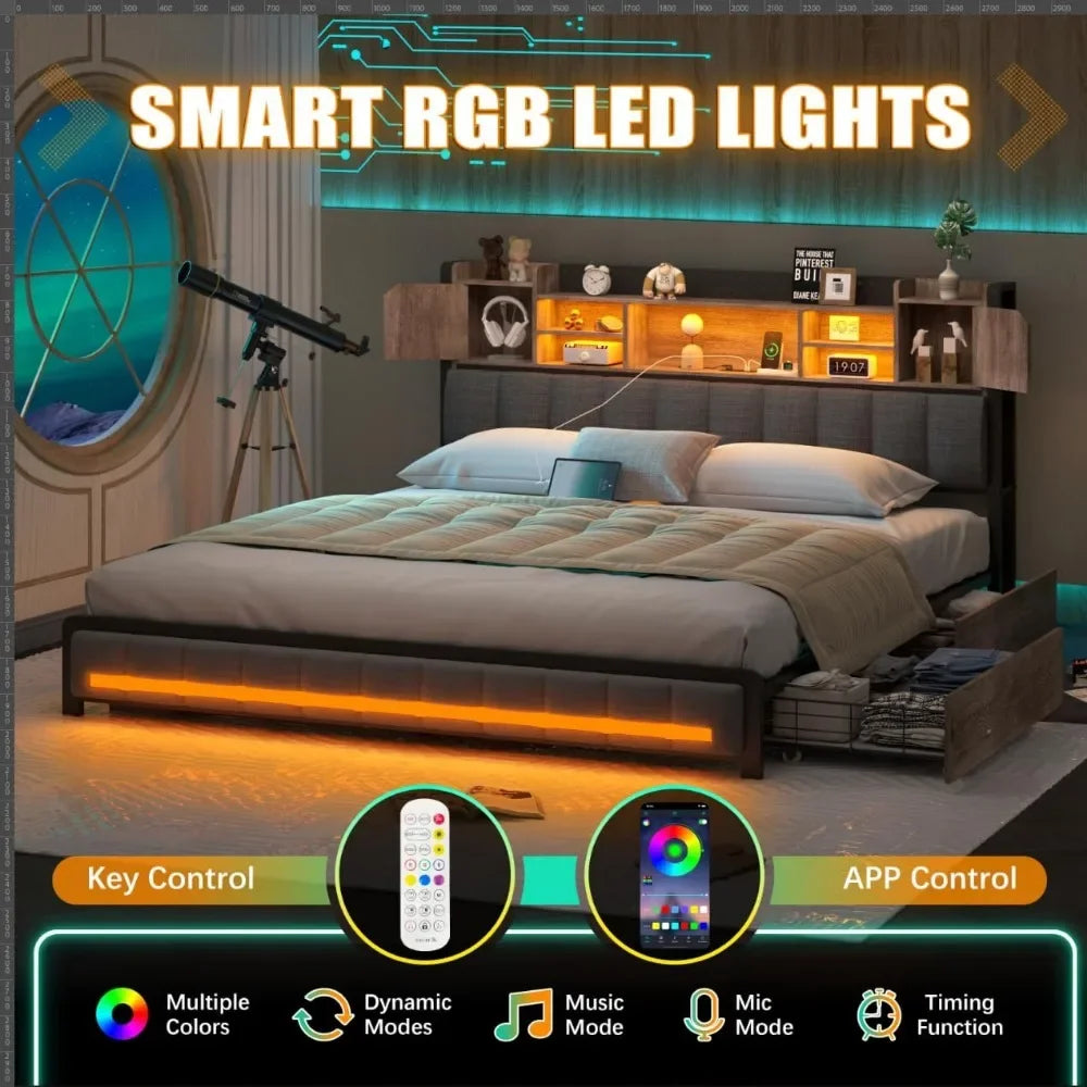 Queen Bed Frame Bookcase Headboard LED Lights W/ Charging Station