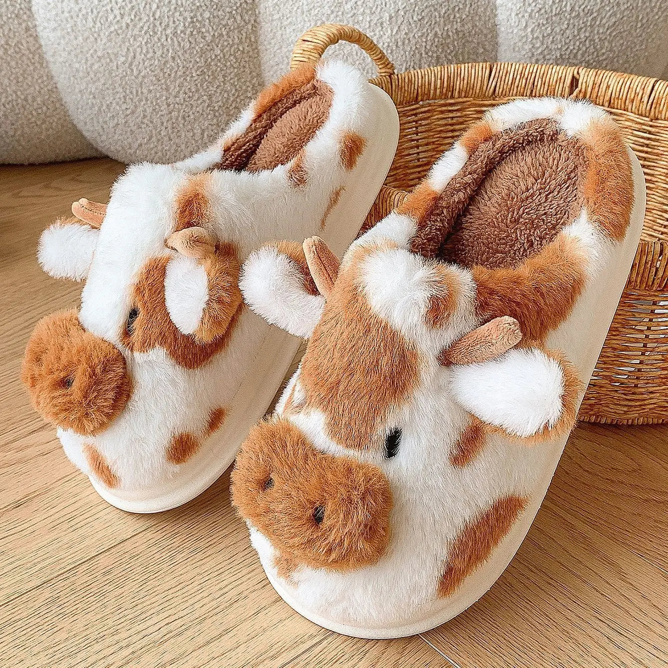 Warm Cow Furry Slippers Plush Lined