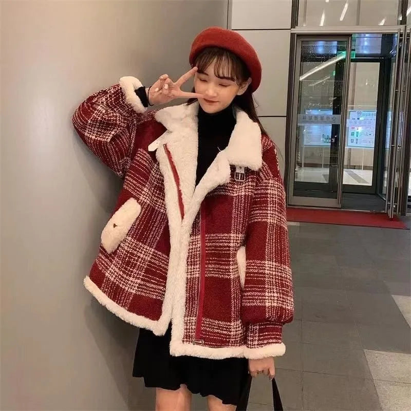 Fashion Plaid and Velvet Padded Little Woolen Coat