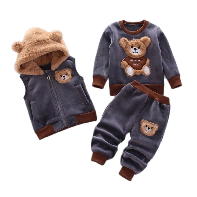 Fleece Children Hooded Outerwear Tops Pants 3PCS Outfit