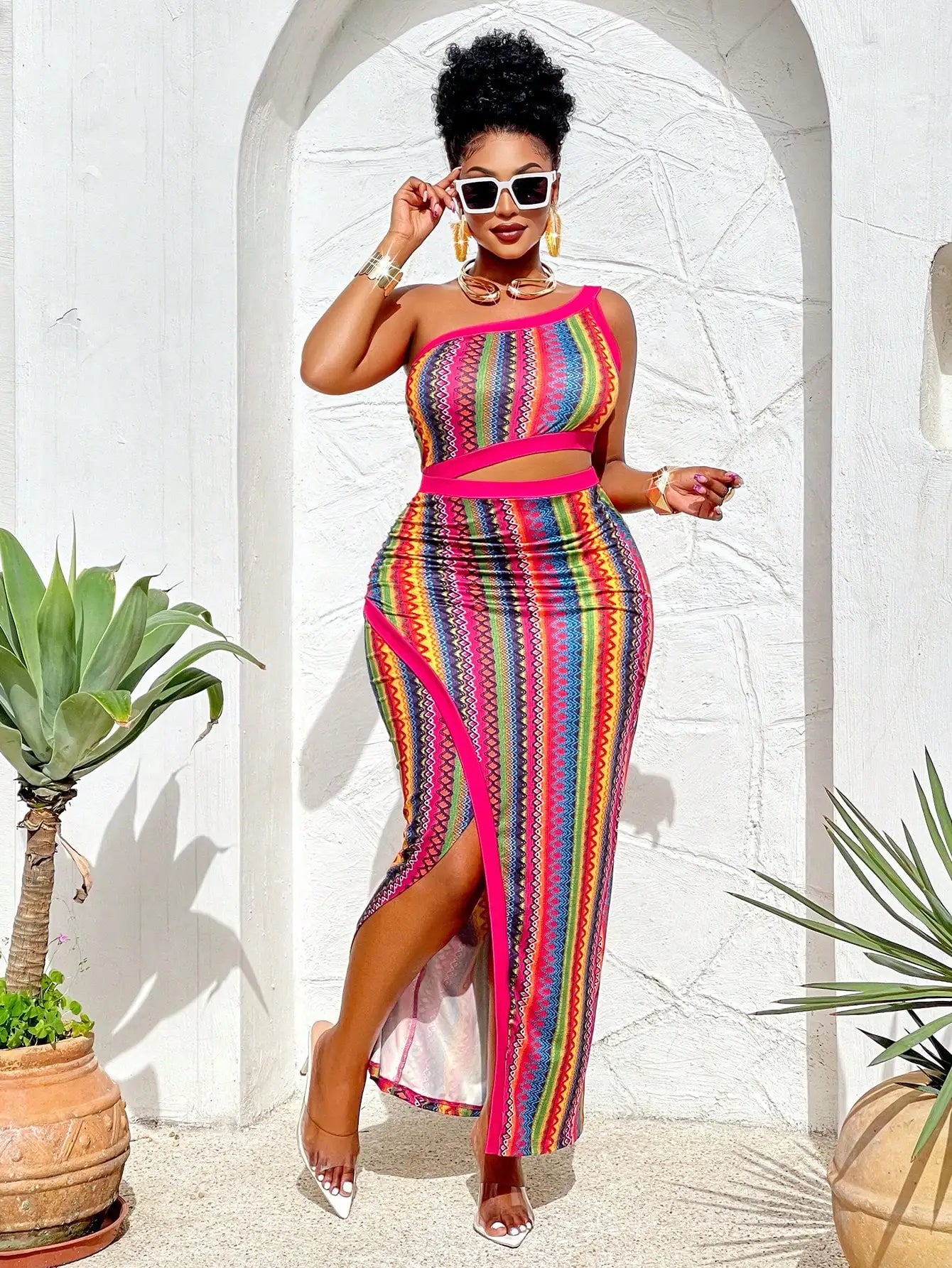 Plus Size Colorful One-Shoulder Maxi Dress