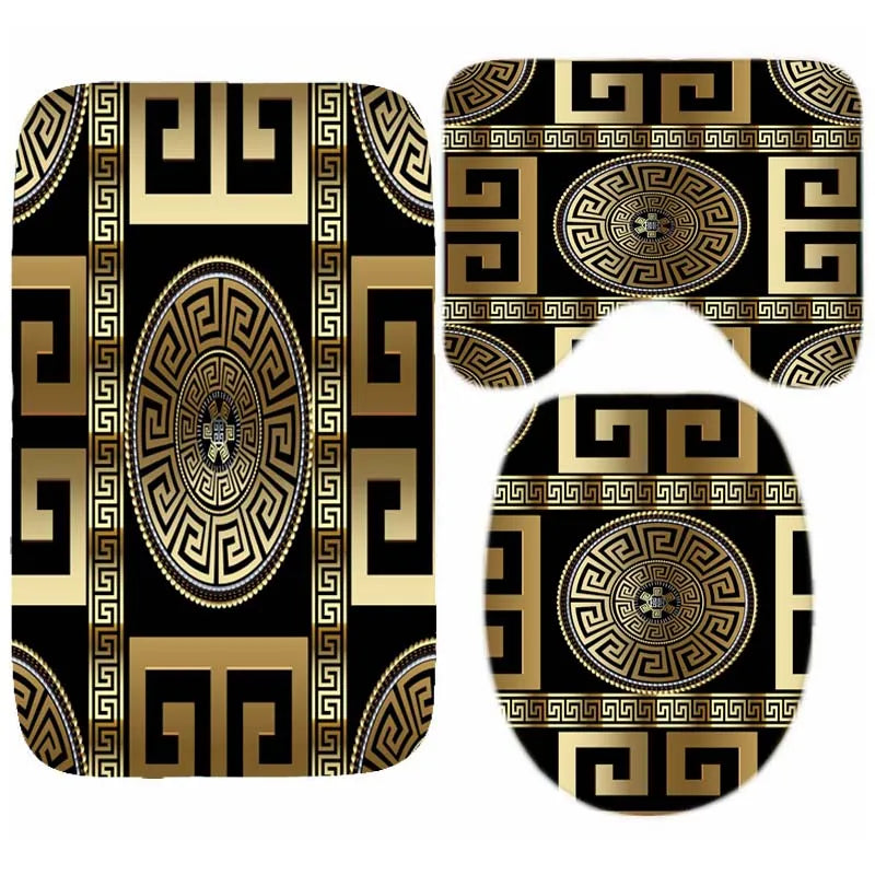 3PCS Luxury Black Gold Greek Bath Rug Set