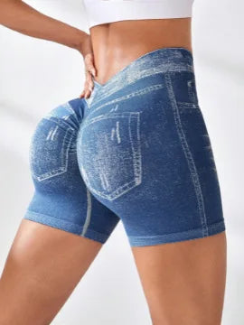 Womens V Back Faux Jeans Elastic Workout Yoga Pants