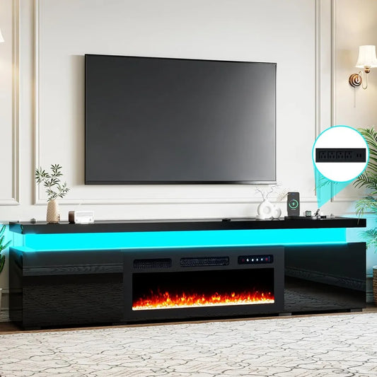 70.8’’ Fireplace TV Stand for 75 Inch TVs with LED Lights, High Gloss