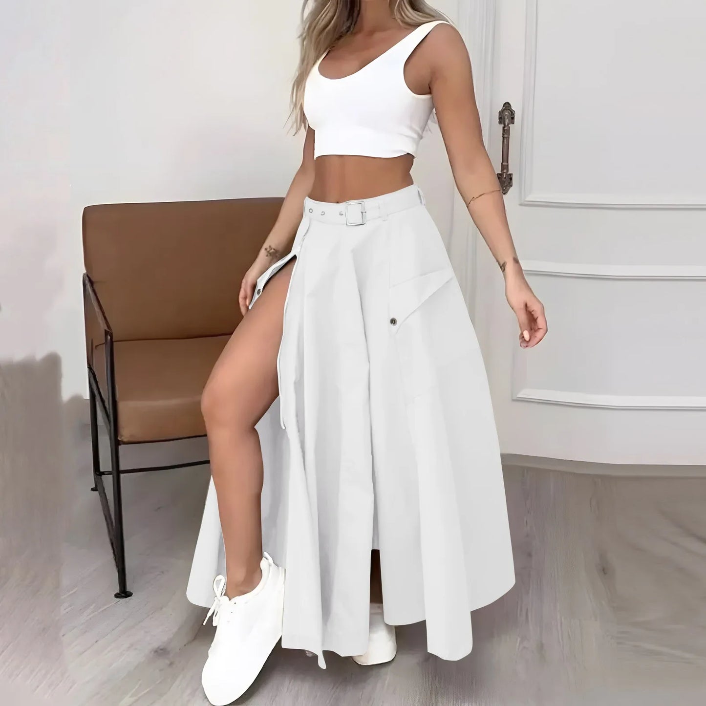 Two Piece Sleeveless Crop Tank Side Split Skirt Set