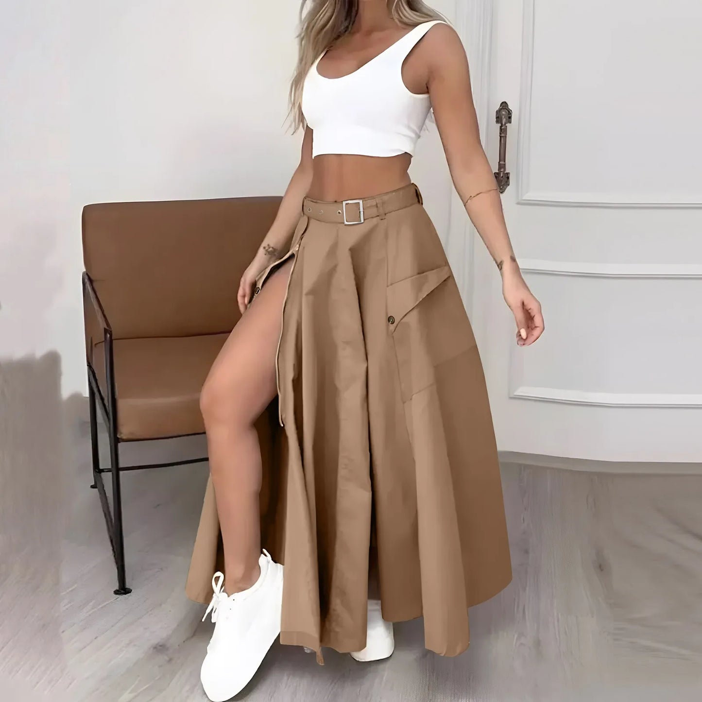 Two Piece Sleeveless Crop Tank Side Split Skirt Set