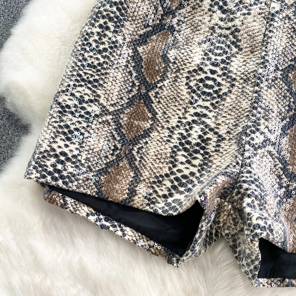Fashion Sequins Leopard Print Wide Leg Shorts