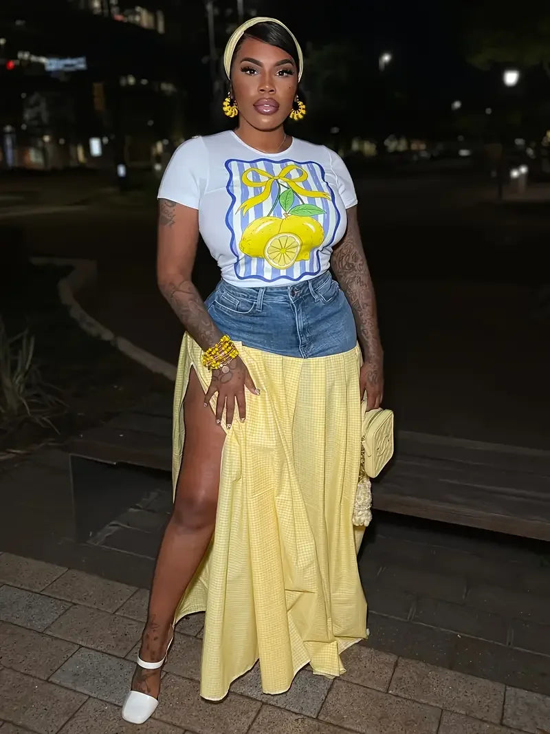 High Slit Skirt Denim Panel Trousers