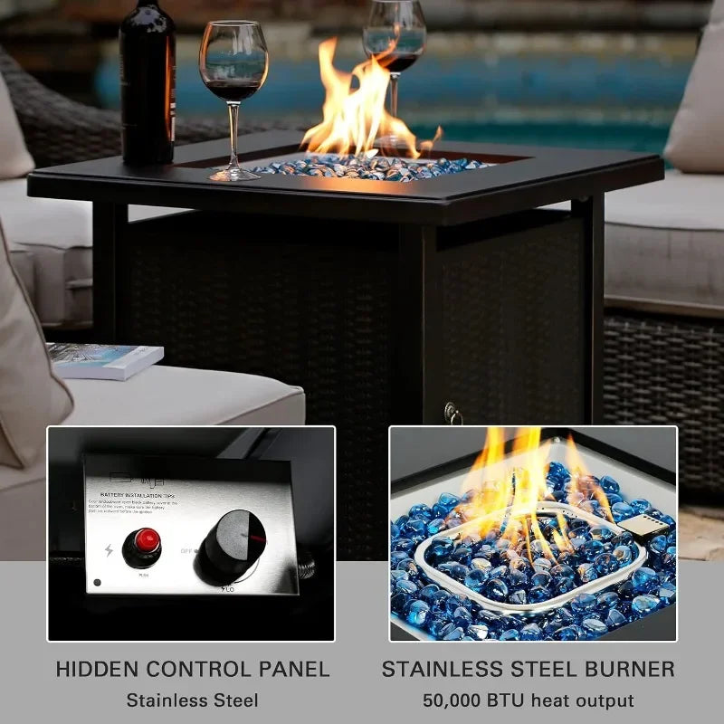 28 Inch Propane Fire Pit Rattan & Wicker-Look with Blue Fire Glass