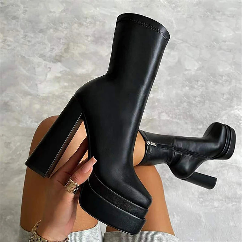 Three-Layer Waterproof Platform Square Toe Soft Mid-Boots