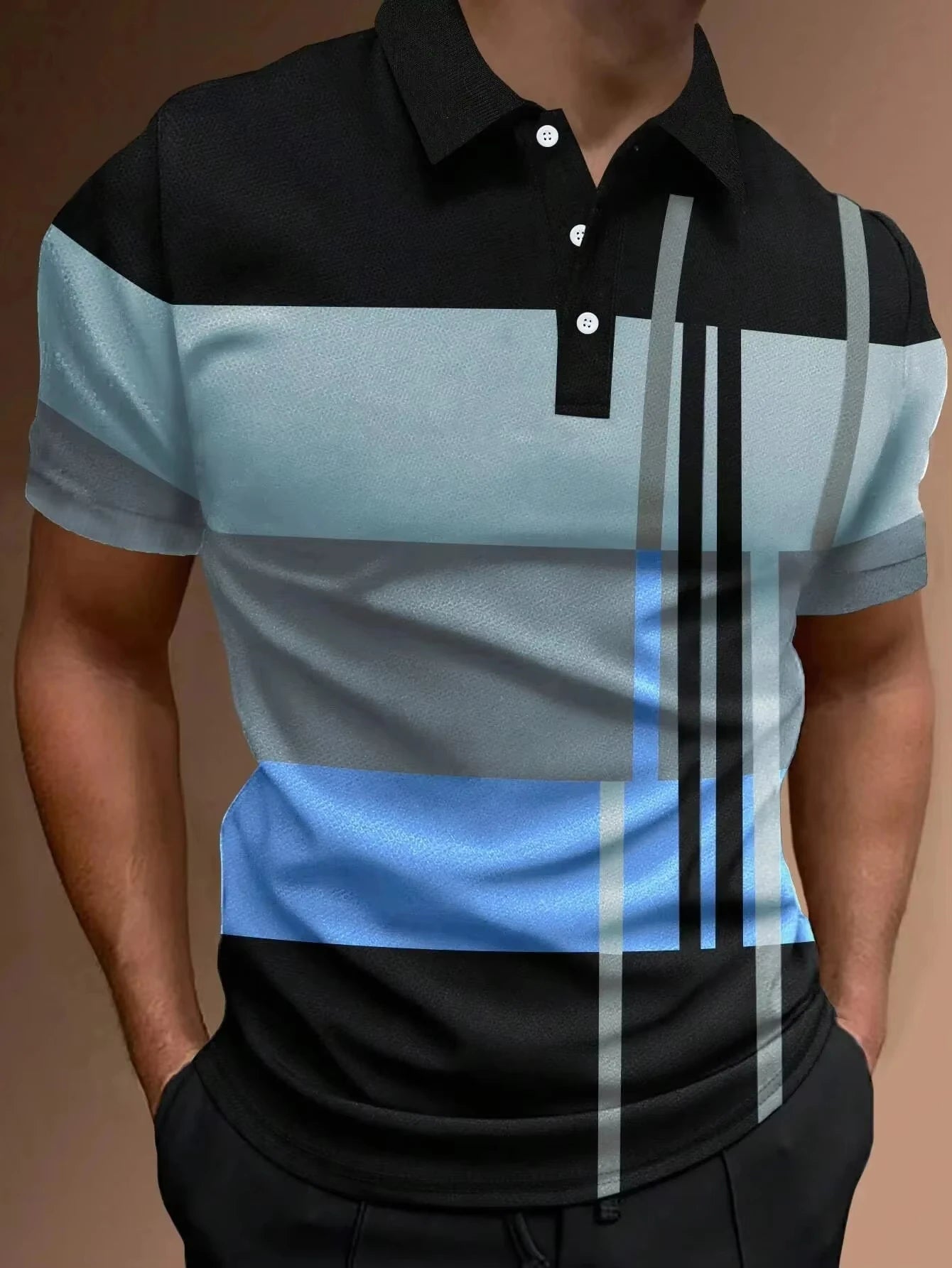 Men's 3D Stripe Print Short Sleeve Polo Shirt