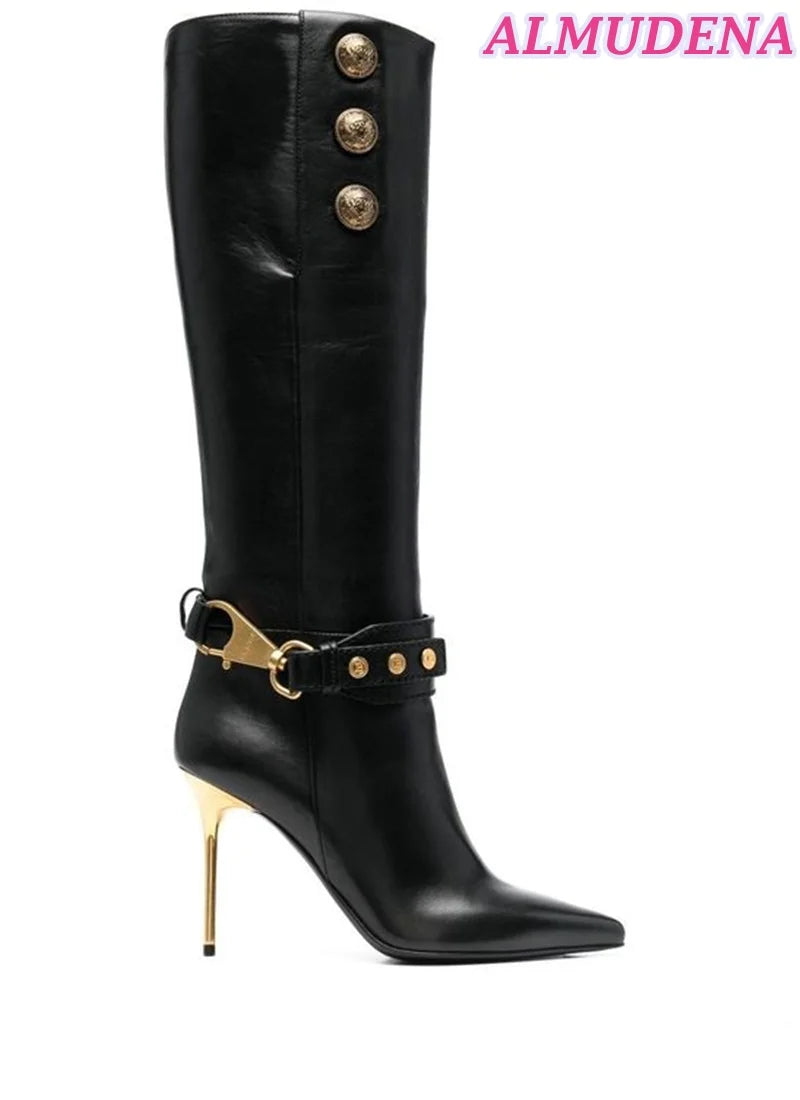 Suede Metal Buckled Pointed Toe Leather Knee High Boots