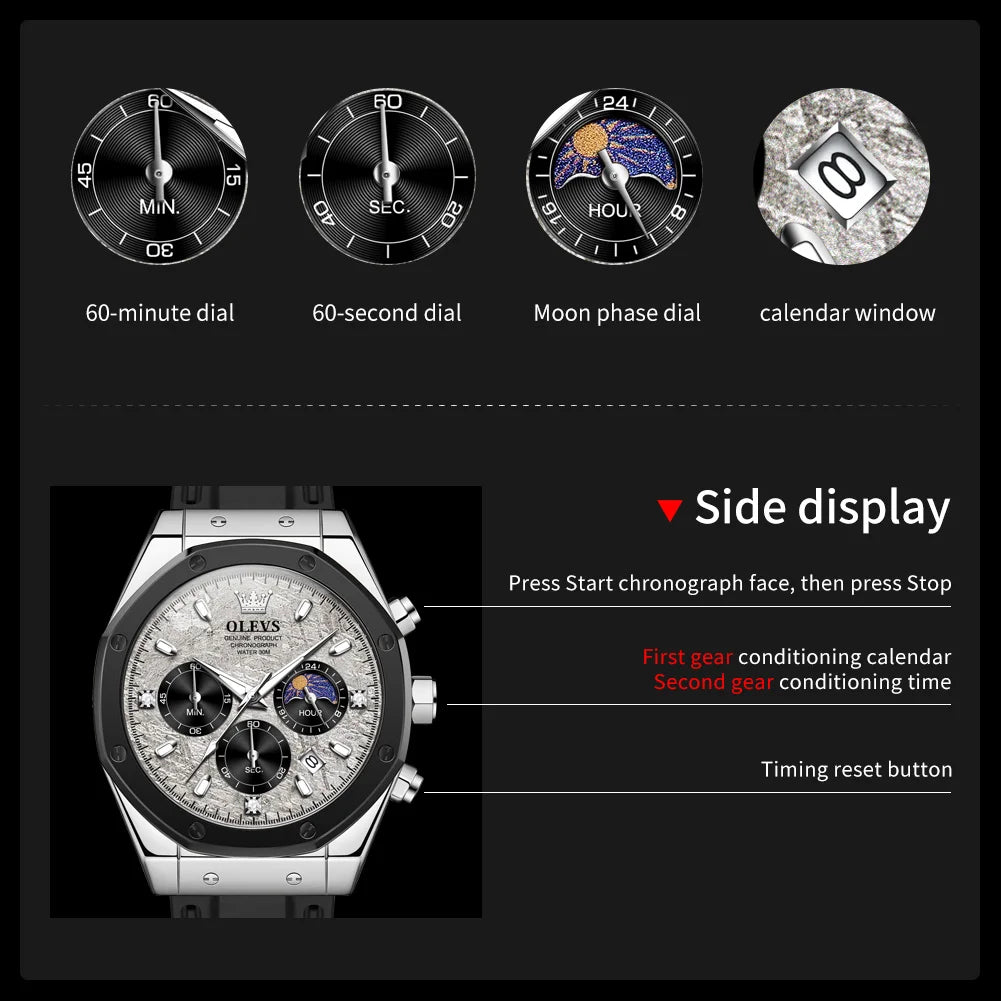 Waterproof Moon Phase Chronograph Quartz Watch
