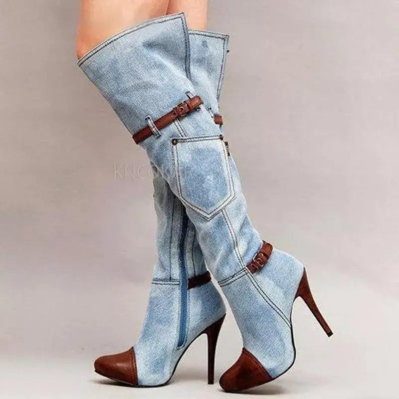 New denim boots with high heels