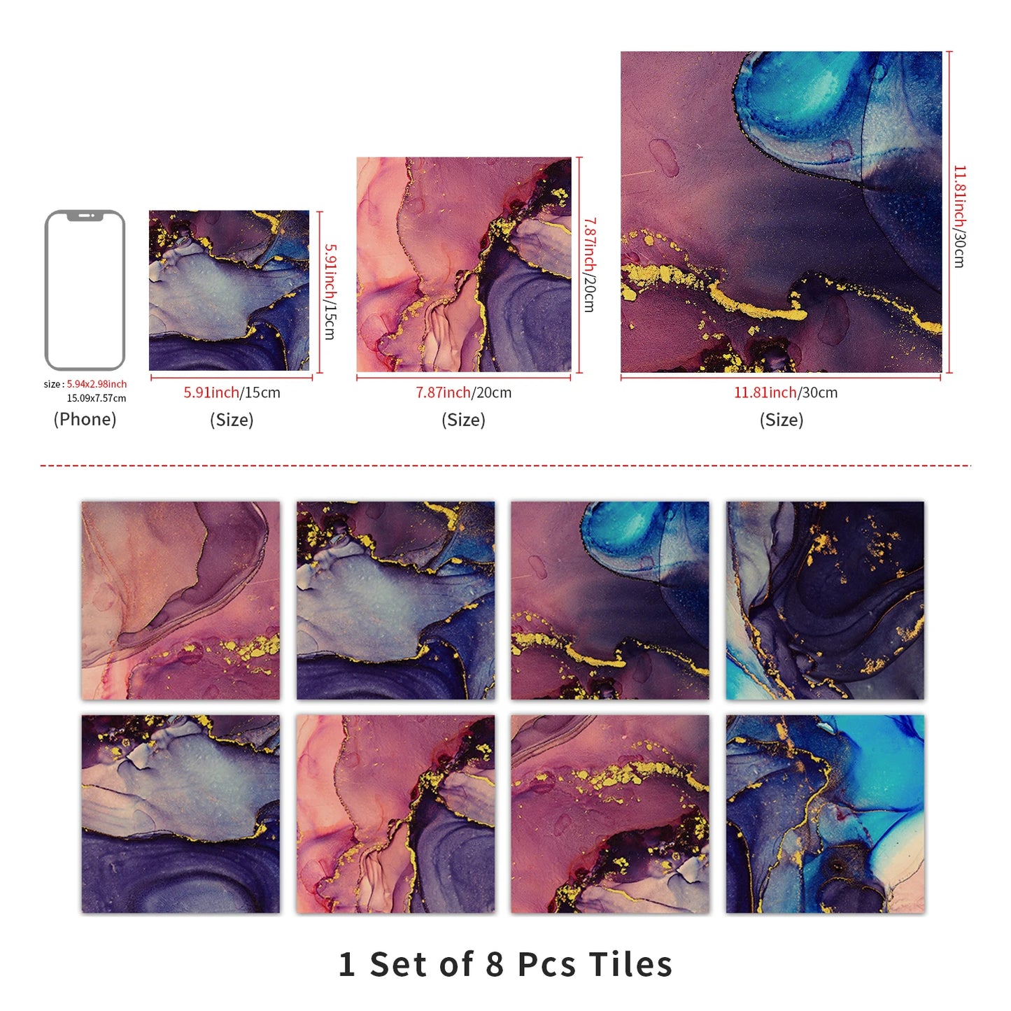 8PCS Pink and Blue Marble Wall Stickers Waterproof Self-Adhesive Ceramic Tile Stickers
