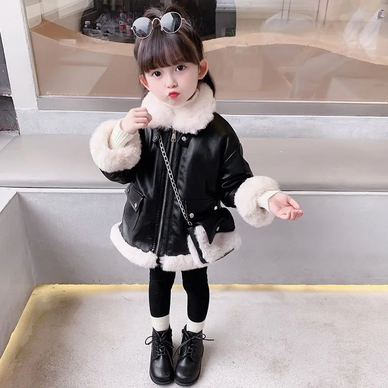 Girls PU Leather Jacket Thicken Faux Fur