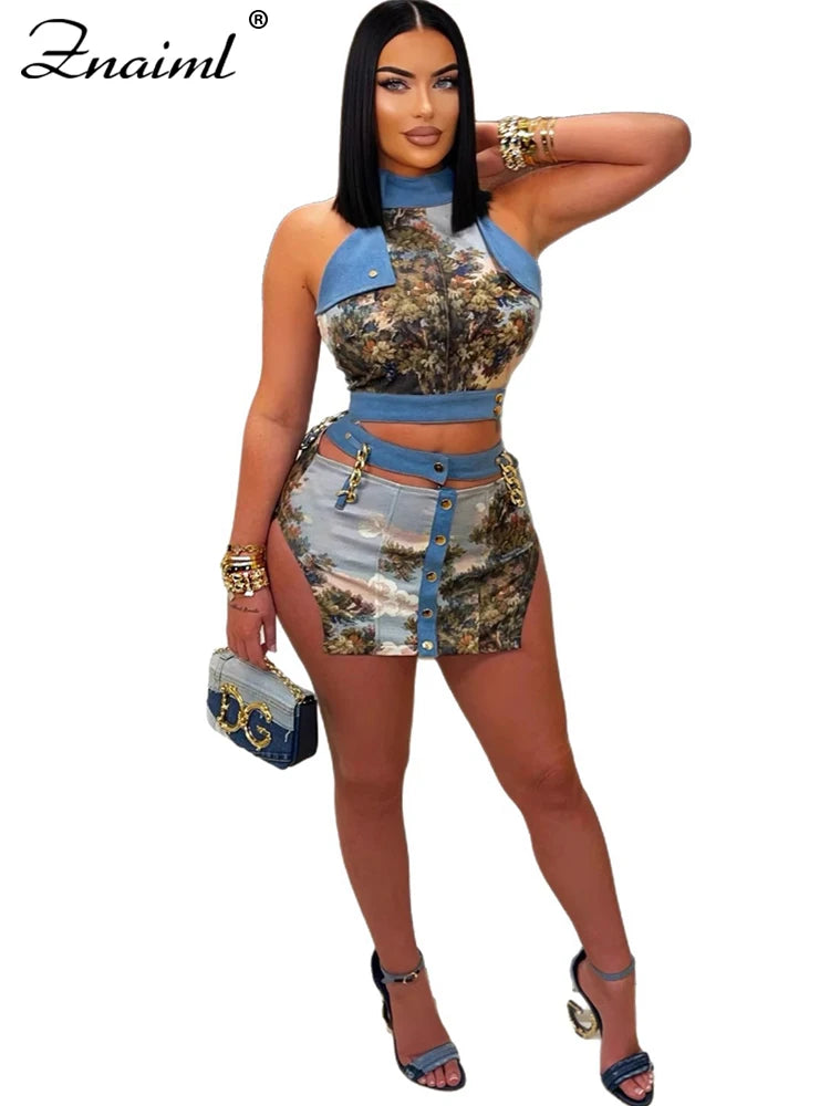 Elegant Lace-Back Printed Beach Two-Piece Top and Skirt