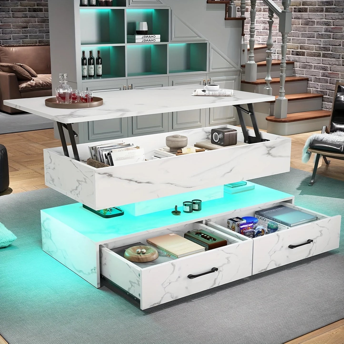 40-Inch Lift-Top Coffee Table with Two Drawers and LED Lighting