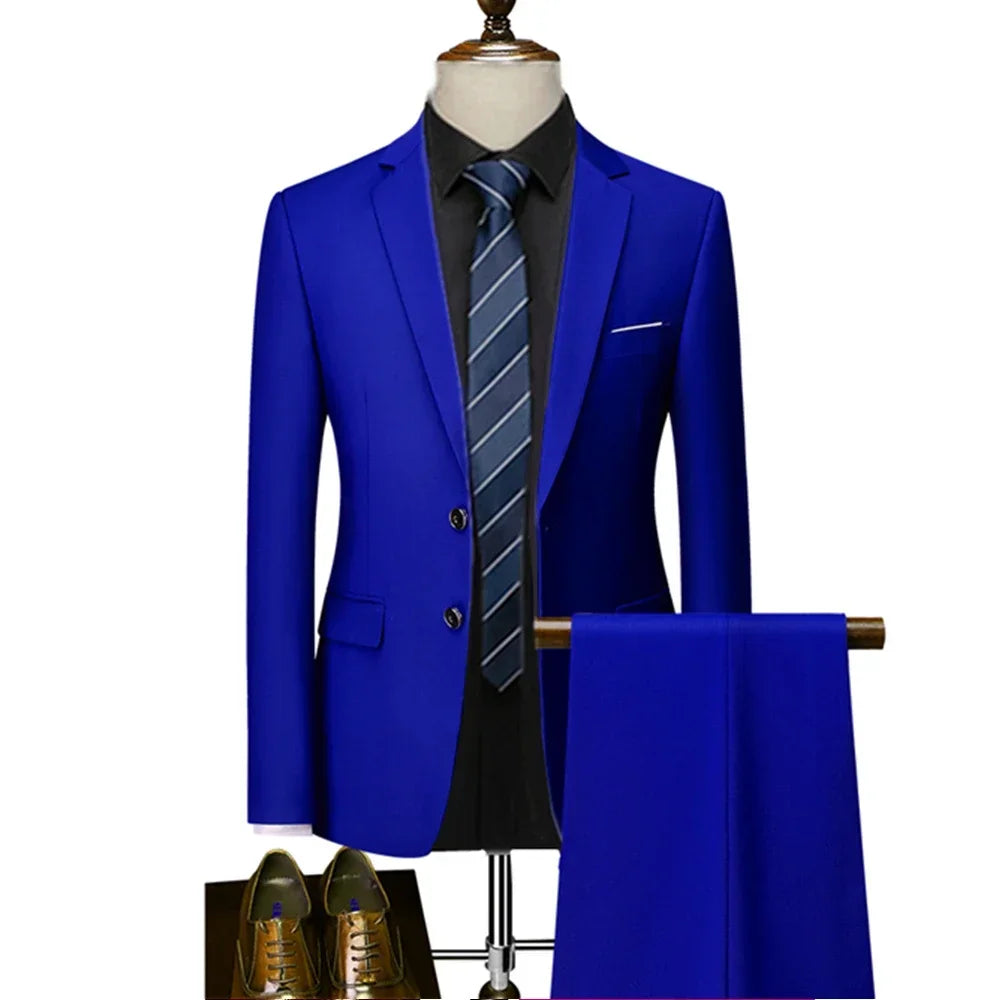 Suit Set Blazers Jacket Pants Men Casual Slim Dress