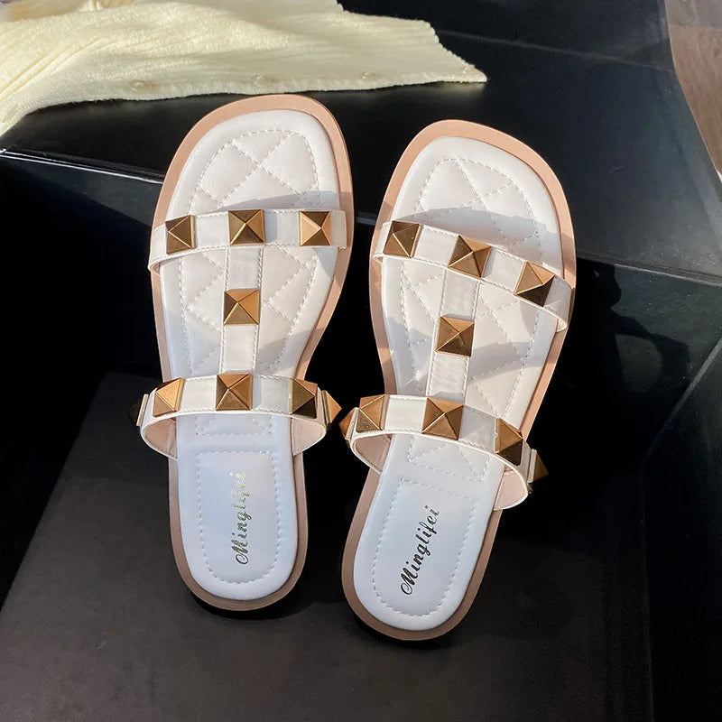 Ladies Casual Slippers Fashion Rivet Design