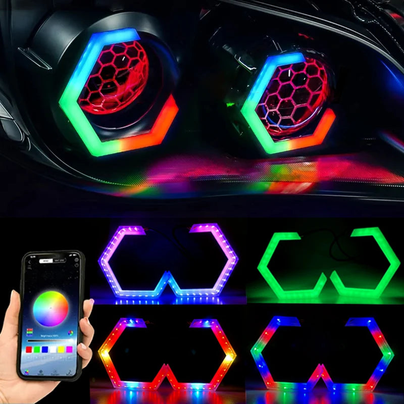 2PCS RGB APP Control Hexagon Angel Eyes Halo Rings Car Motorcycle Turn Signal Light