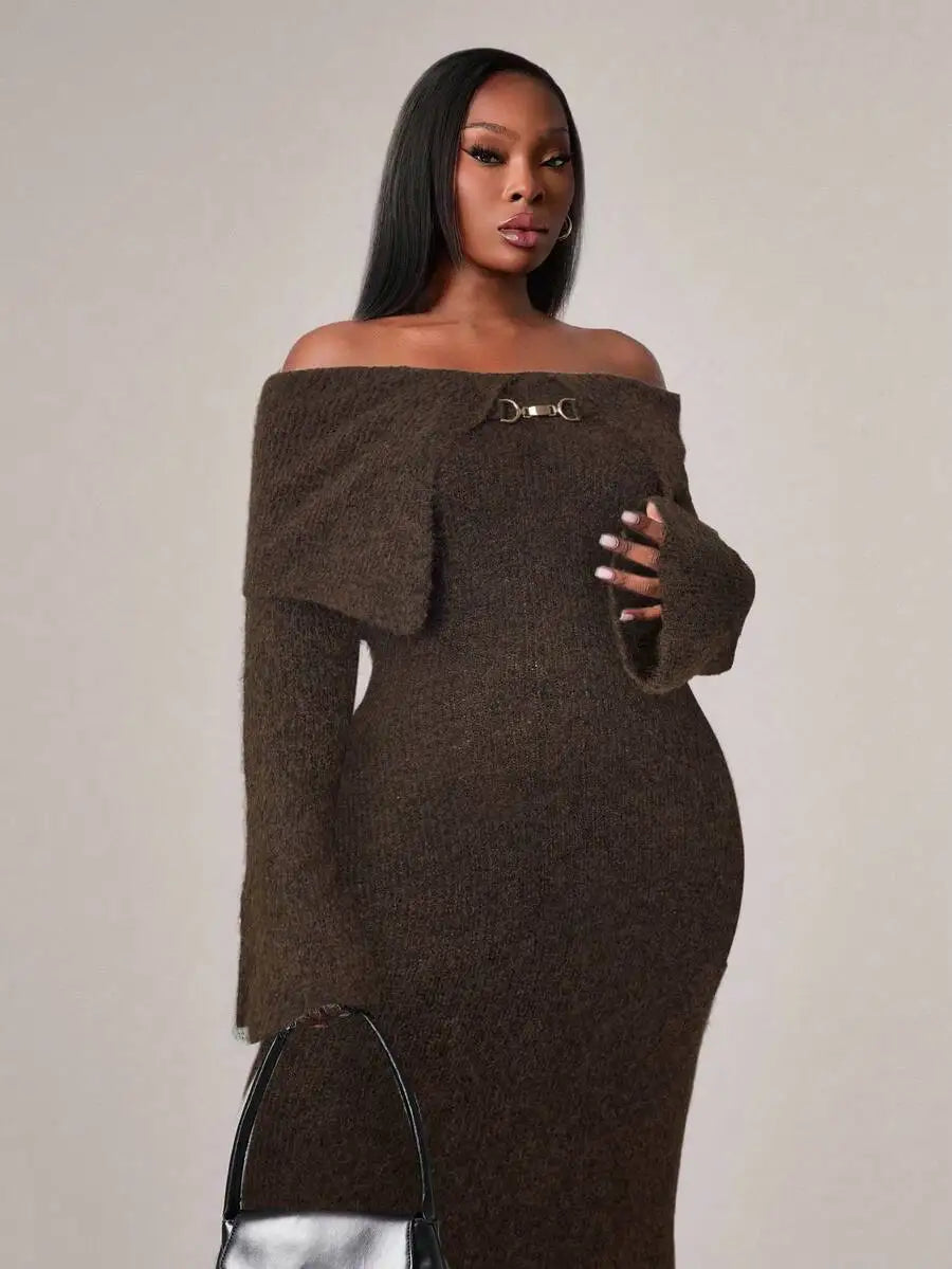 Plus Size Off-Shoulder Knit Dress with Flared Sleeves