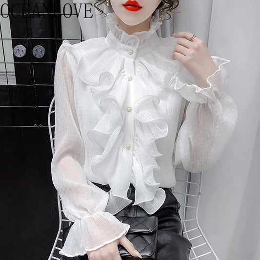 Stand Collar Ruffles Women Shirt