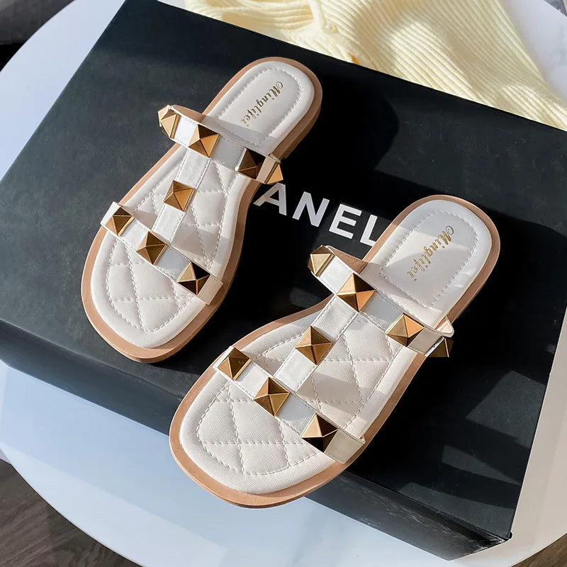 Ladies Casual Slippers Fashion Rivet Design