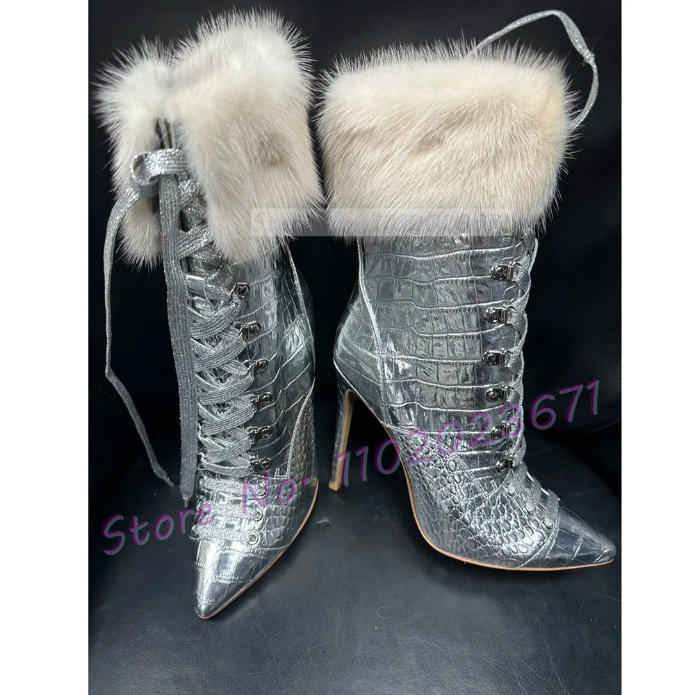 Fur Pointy Ankle Boots Elegant Leather