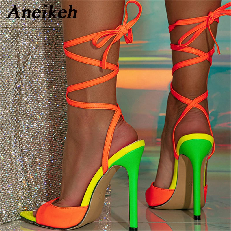 New Orange Lace up Style Super High Party Heels