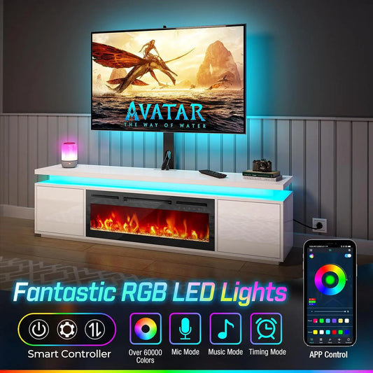 TV Stand Led Lights and Power Outlets with Mount 30" Electric Fireplace, White