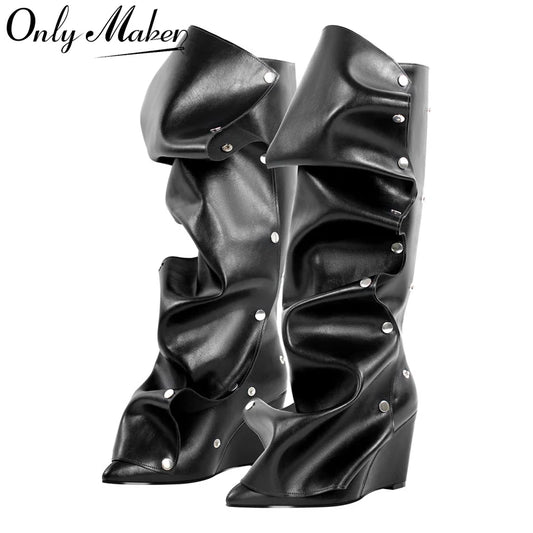 Pleated Pointed Toe Black Wedges Knee High Boots