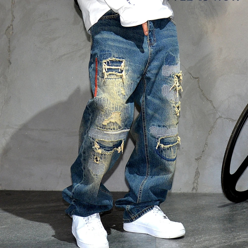 Streetwear Ripped Patch Hip Hop Baggy Jeans