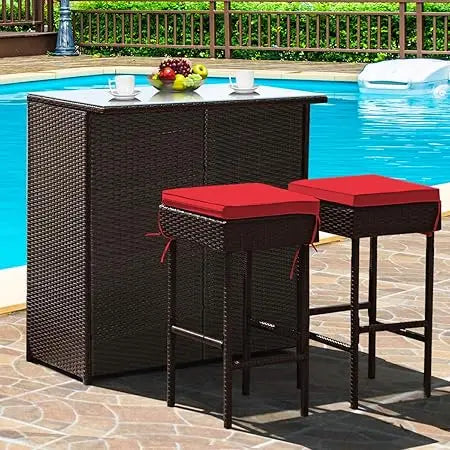 3 Piece Outdoor Rattan Wicker Bar Set with 2 Cushions Stools
