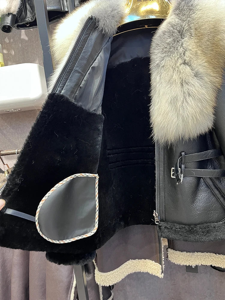 Real Fox Fur Collar Natural Merino Sheep Fur Genuine Leather Jacket
