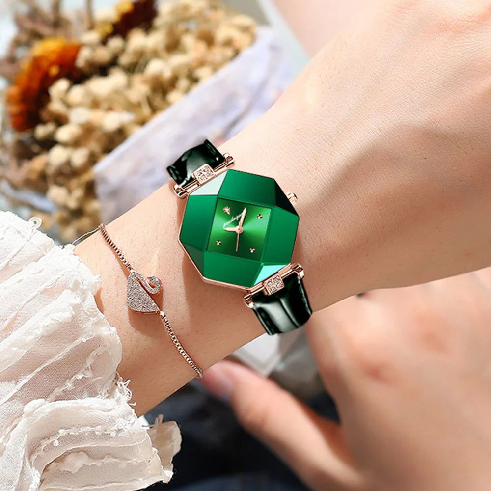 Ladies Green Leather Exquisite Watch