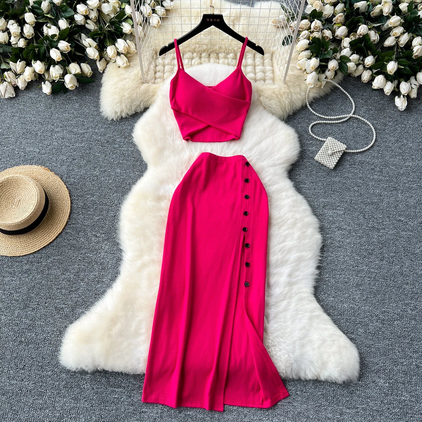Sexy 2 Piece Crop Camis Top and Split Long Skirt