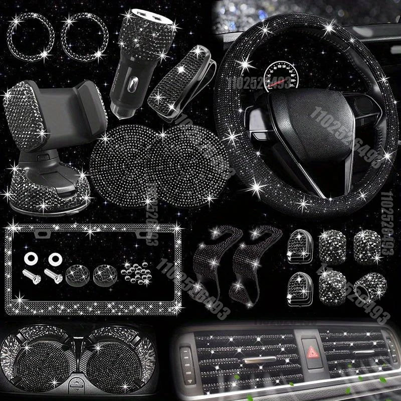 Set 27 Piece Women Bling Universal Fit Steering Cover Shiny License Frame Phone Holder Coasters Tools