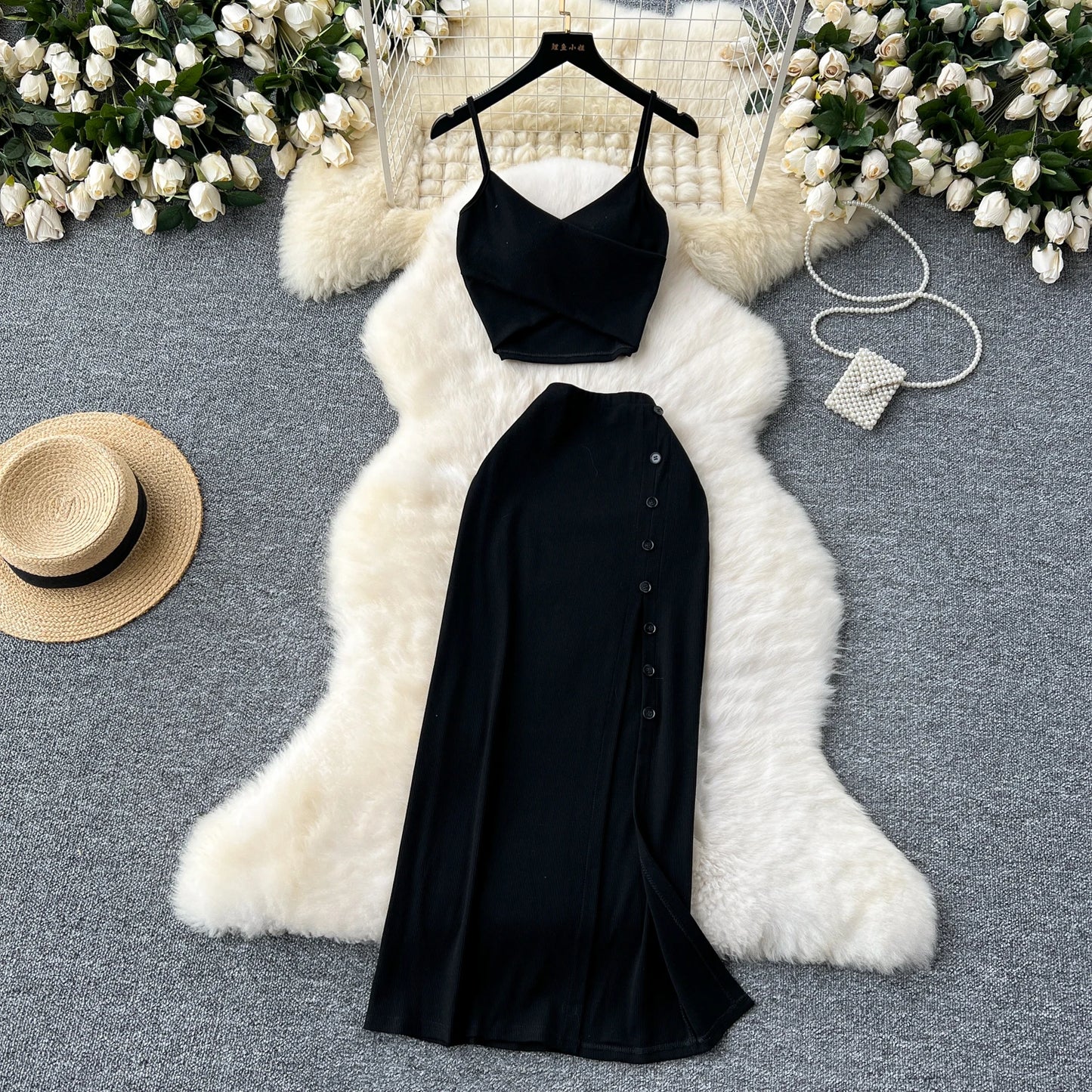 Sexy 2 Piece Crop Camis Top and Split Long Skirt