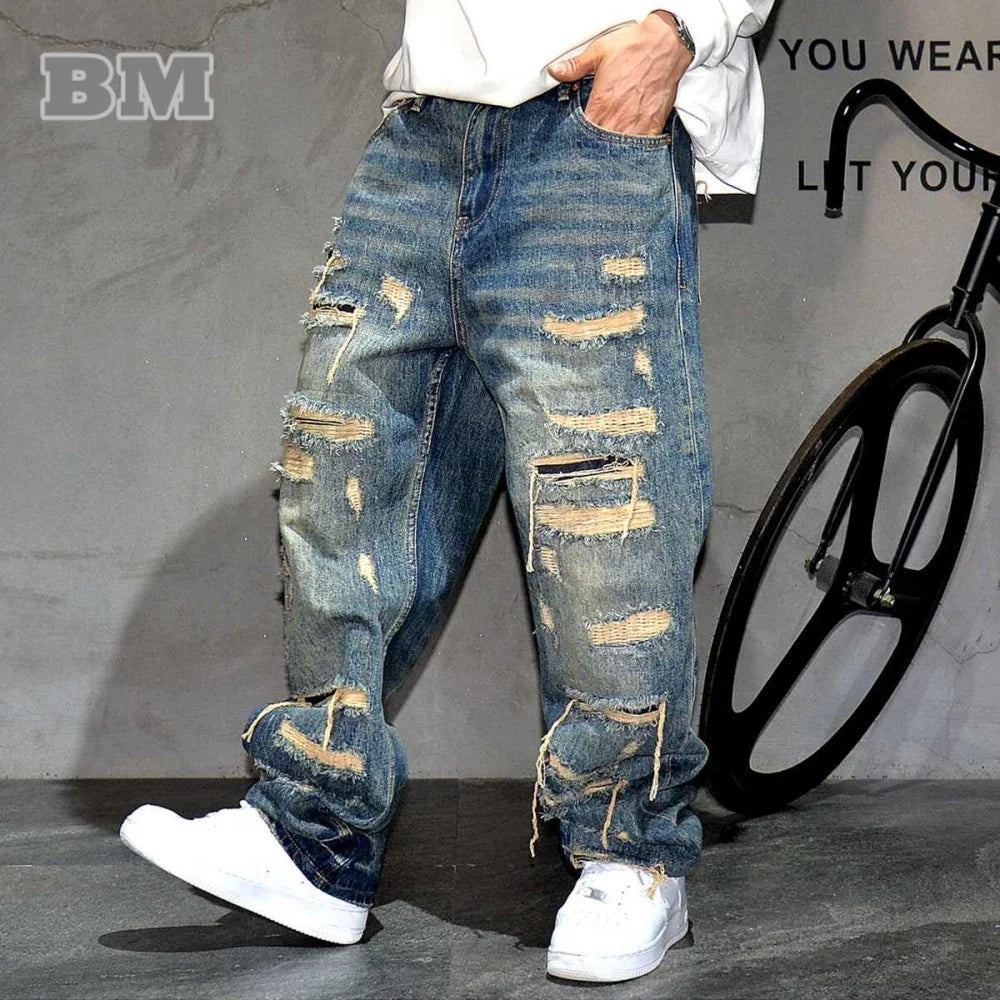 American Streetwear Hand Sewn Patch Ripped Jeans