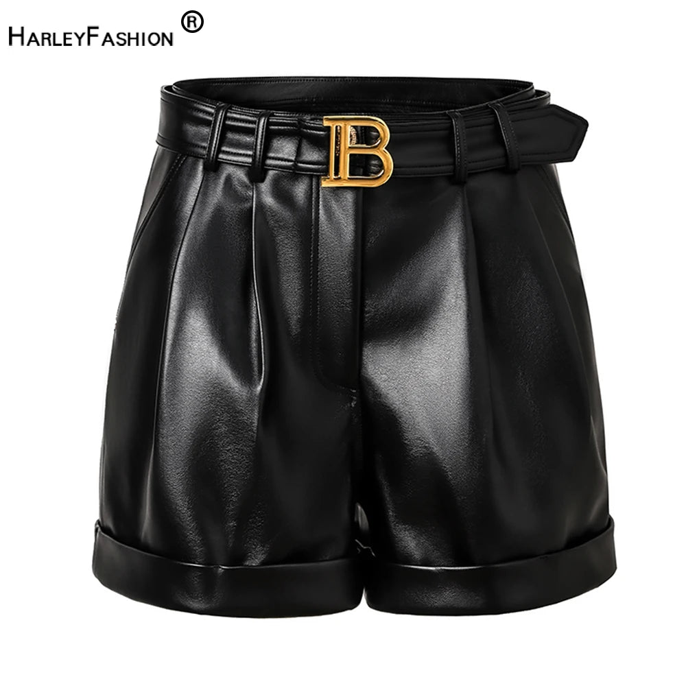 High Quality Leather Black Womens Shorts with Belt
