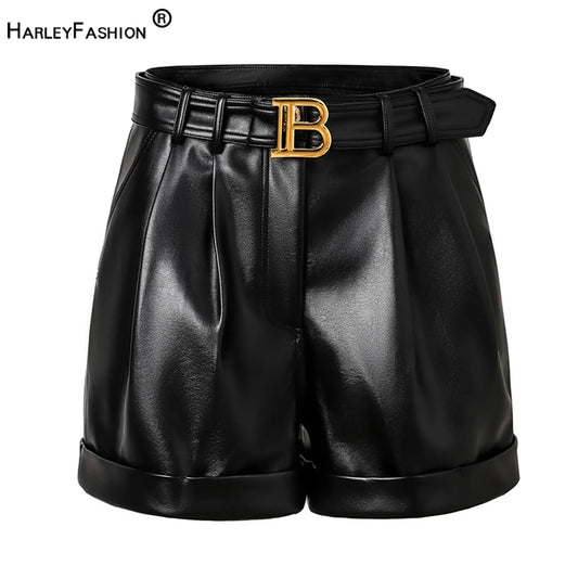 High Quality Leather Black Womens Shorts with Belt