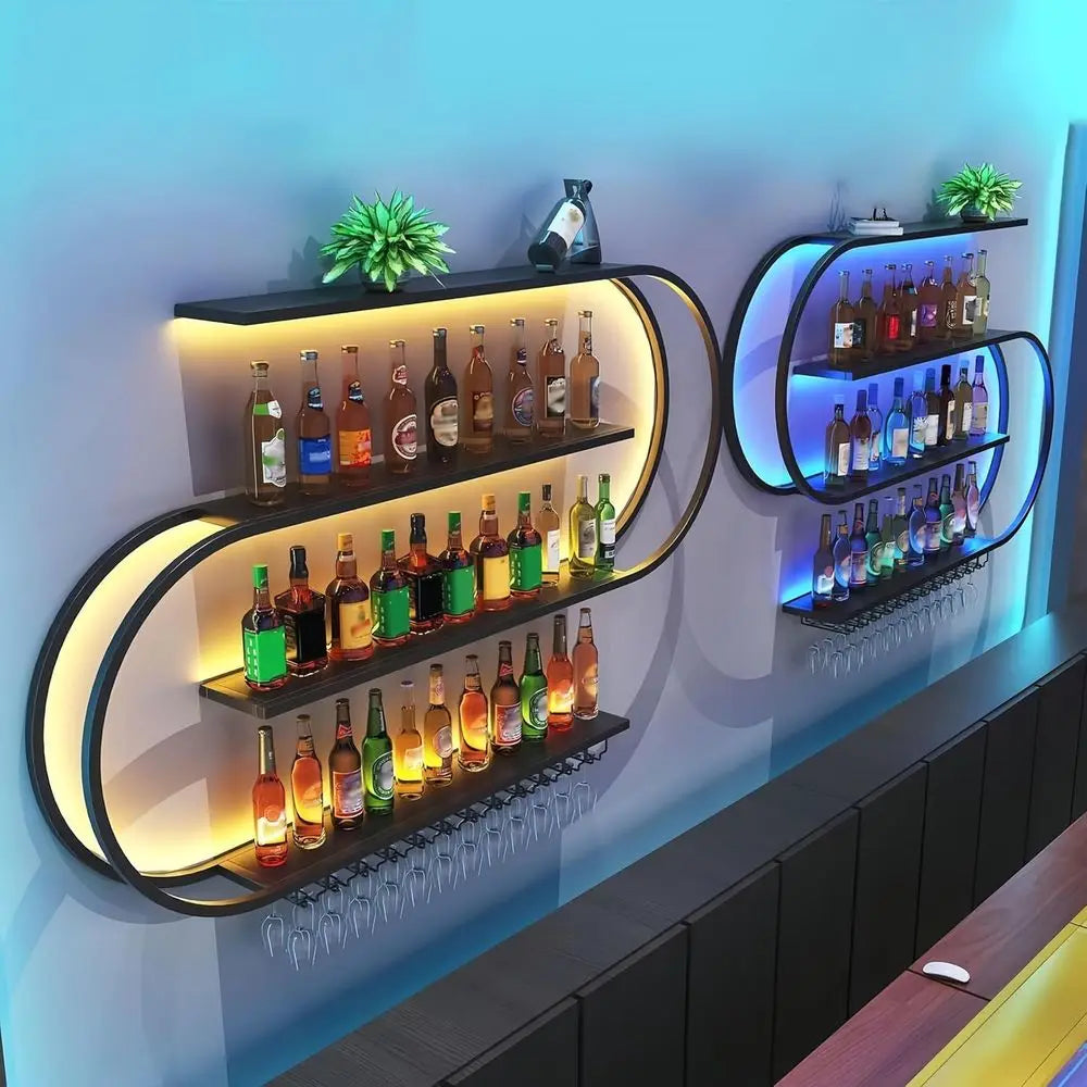 Wall-Mounted 4-Tier Wine Rack with LED Lights