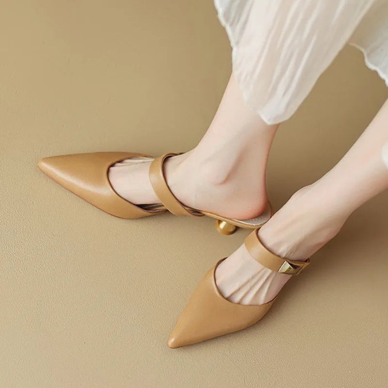 Leather Heeled Slides Sexy Pointed Toe High Quality