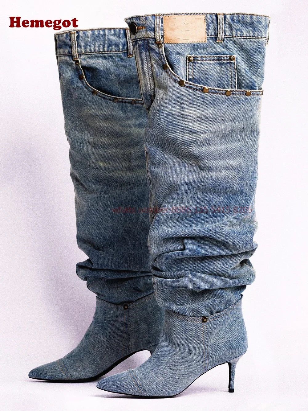 Denim Pants Boots Pointy Toe Pleated Over the Knee