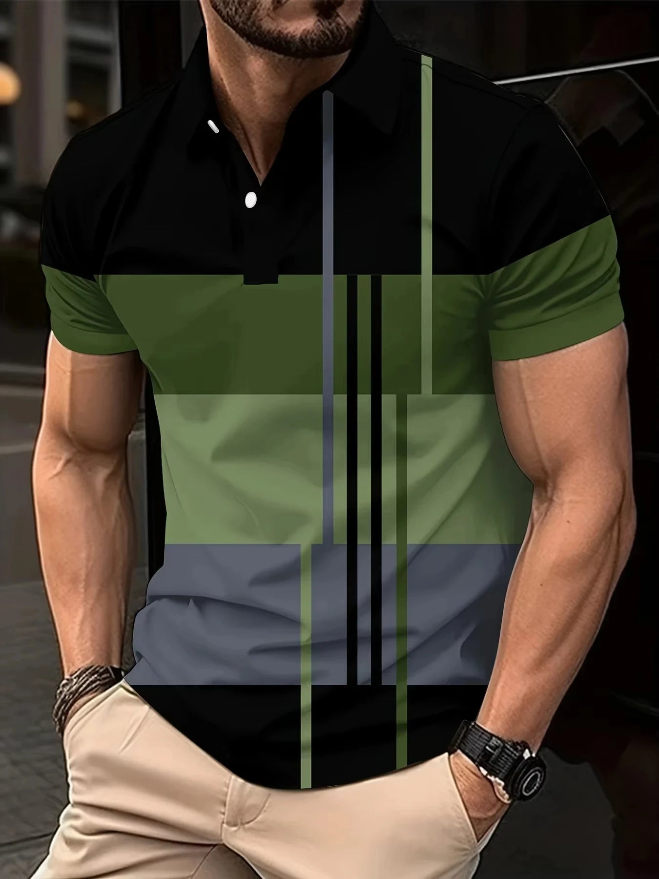 Men's 3D Stripe Print Short Sleeve Polo Shirt