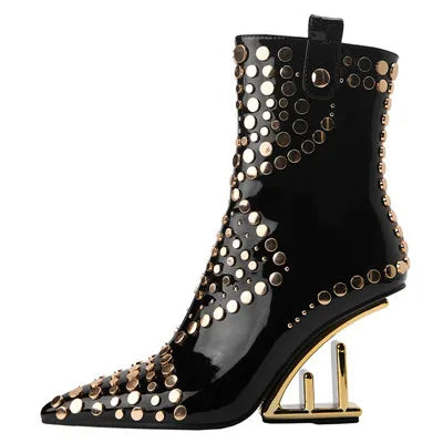 Fashion Rivet Pointed Toe Zipper-Side Patent Leather Strange Heels Shoes