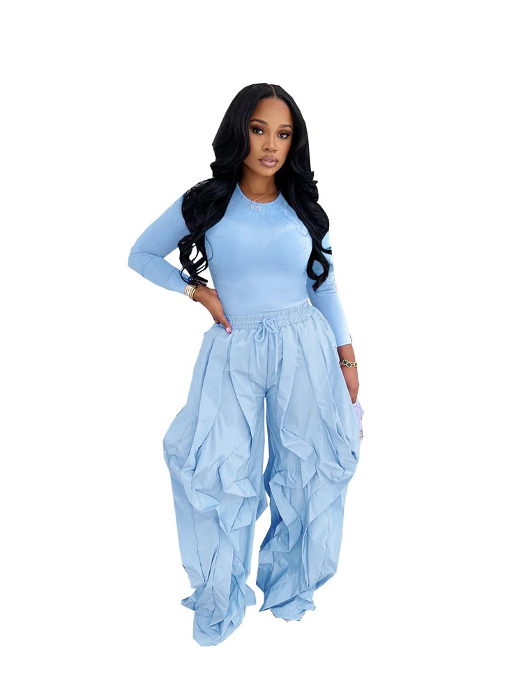 Two Piece Ruffle Drawstring Pants Set