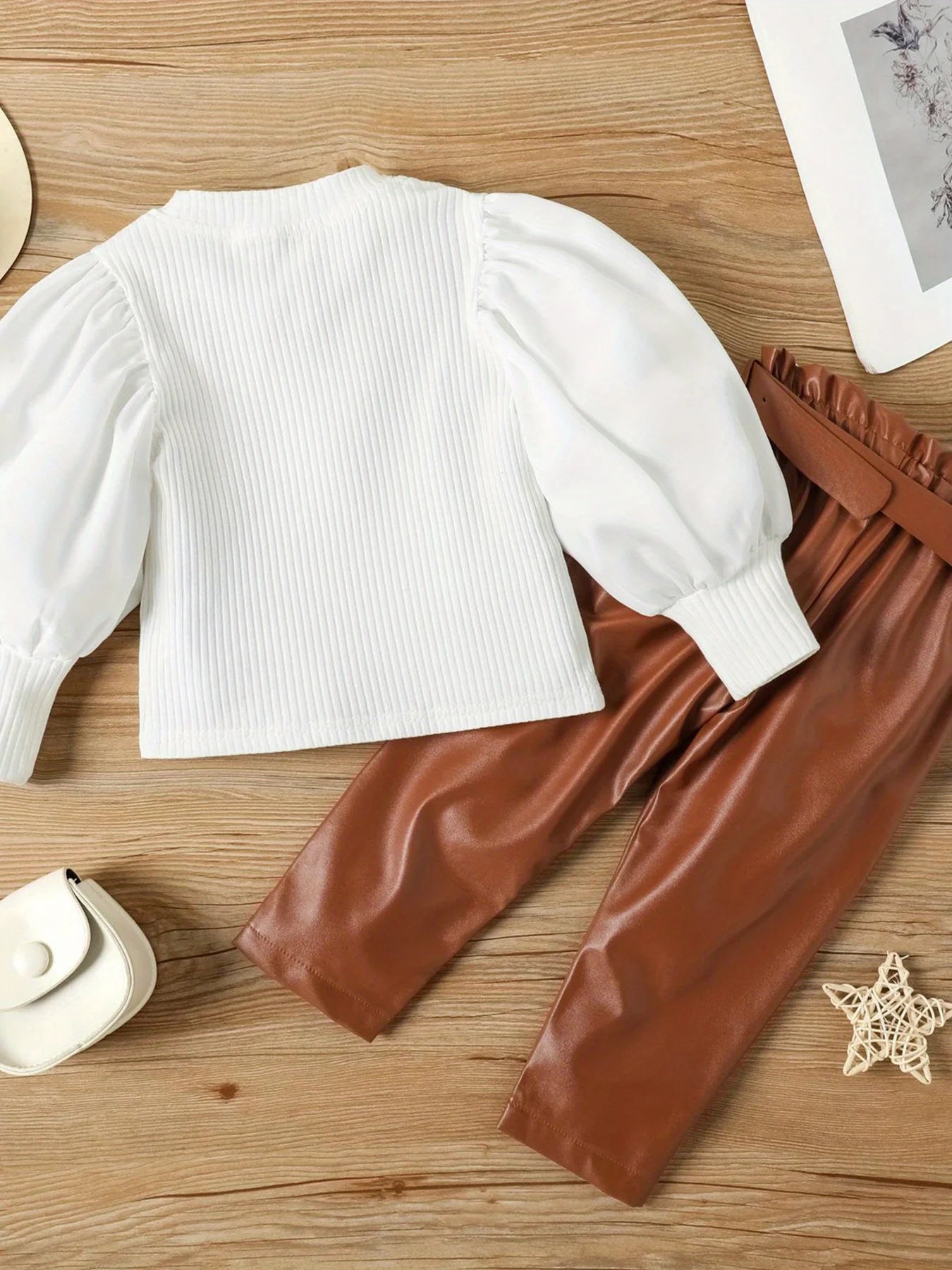 Casual Outfit Set Long Sleeve Ruffled Blouse + Brown Belted Pants + White Ankle Boots