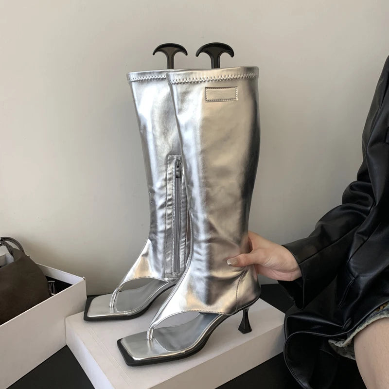 Silver Open Toe Clip-On Knee High Boots
